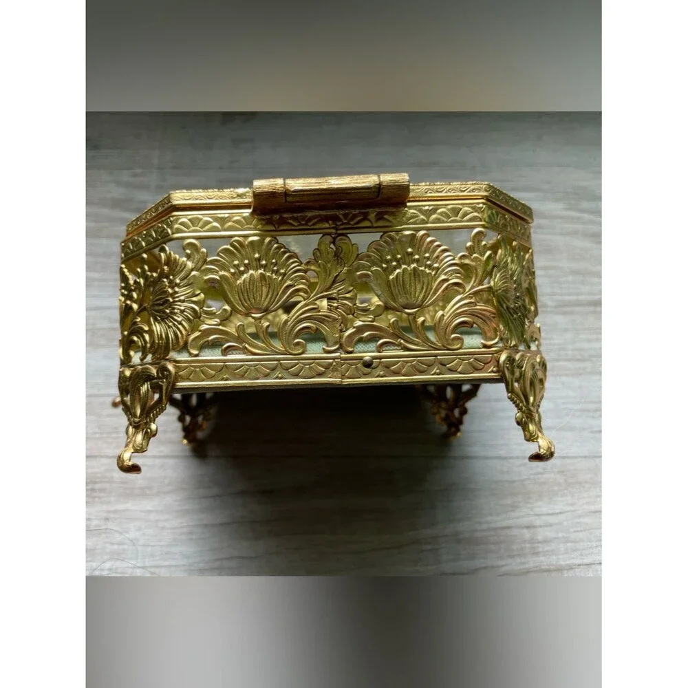 French 1920s filigree  brass & glass casket Ormolu gilt jewelry box EXCELLENT!